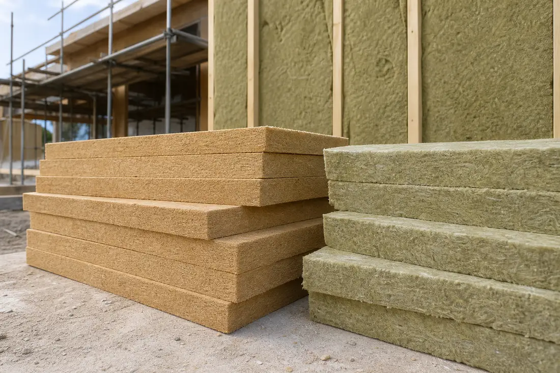 Gestapelte Holzfaserplatten und Mineralwolleplatten nebeneinander auf einer Baustelle