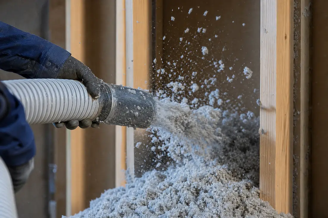 Einblasen von Zelluloseflocken in einen Hohlraum mit einer Einblasmaschine, Detailaufnahme der Flocken