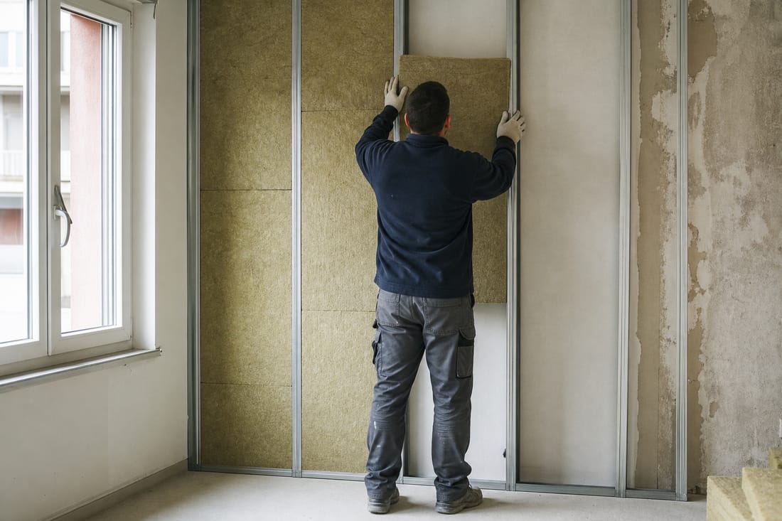 Beispiel: Handwerker von hinten bei der Wohnungsdämmung